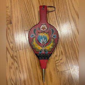 Vintage 1970’s Hand Painted Fireplace Bellow Wood Leather Red Folk Art 18”